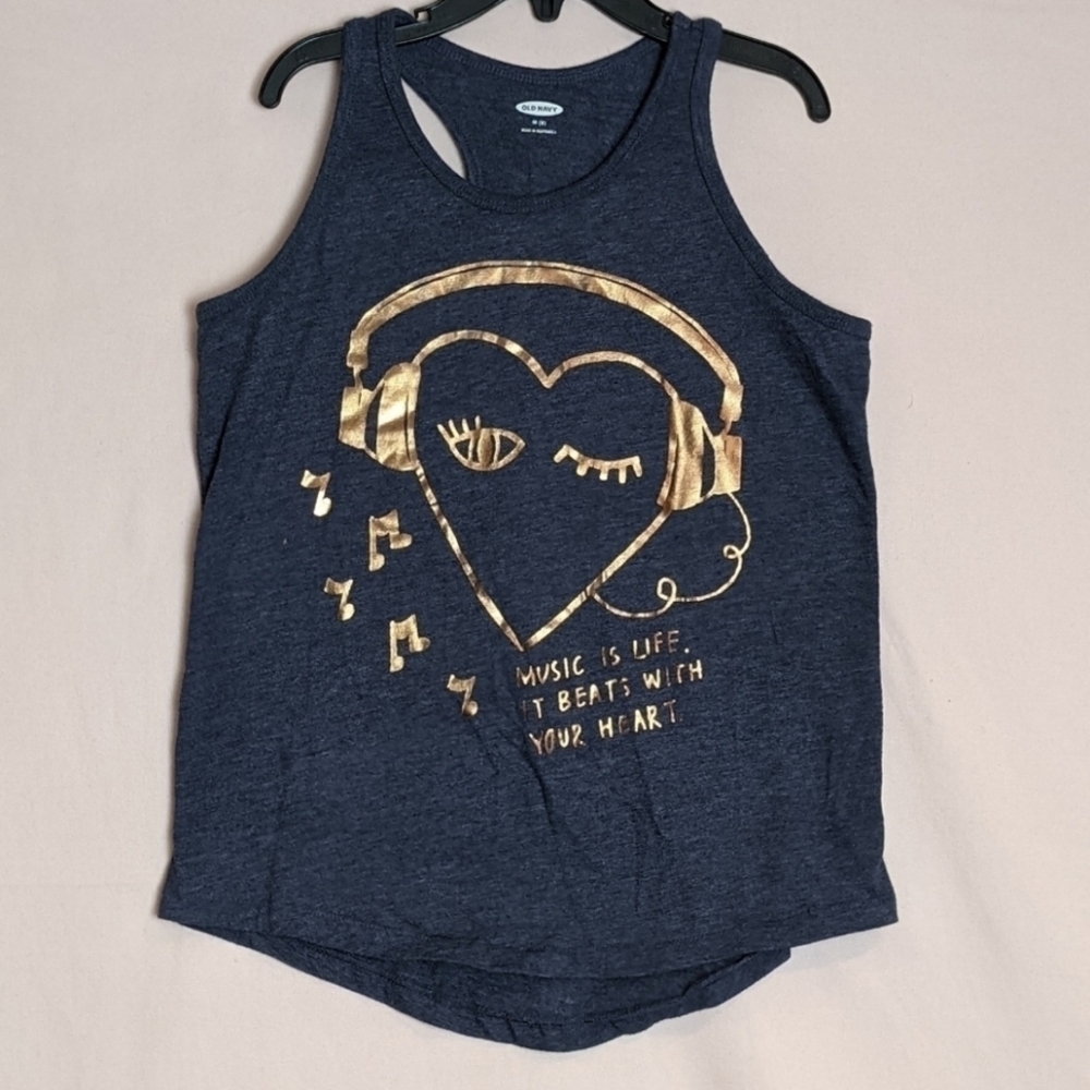Old Navy Blue and Gold Racer Back Music Tank Top size Medium 8